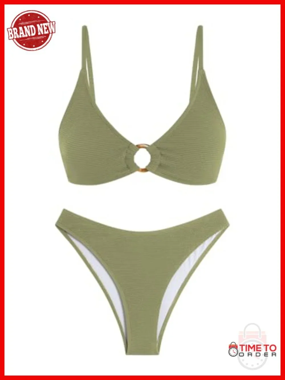 Sexy Triangle Bikini Set O Ring Linked Two Piece Swimsuits Textured Ruched
